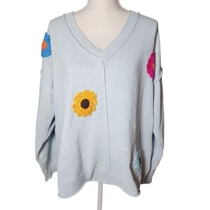 POL V-Neck Flower Patches Long Sleeve Sweater Blue Size Medium‎